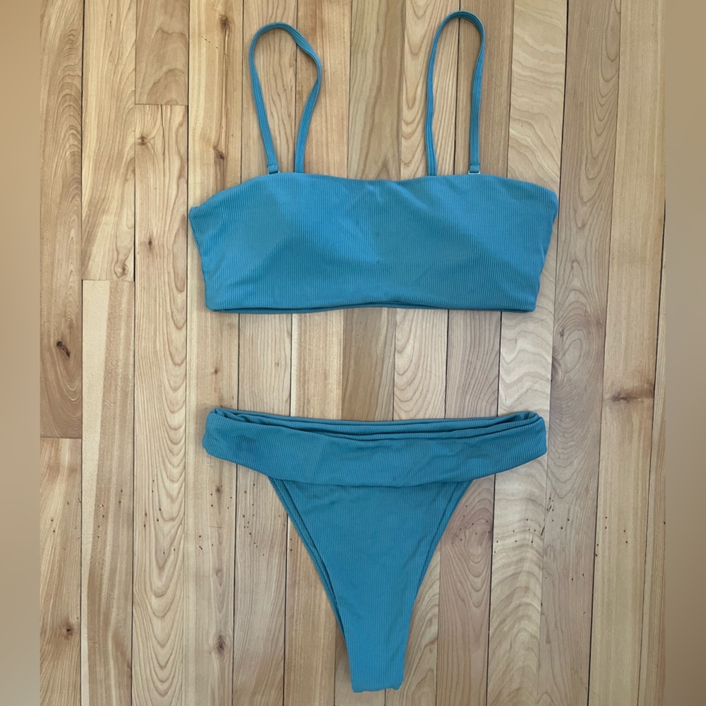 Zaful Teal Blue Ribbed Bikini Set